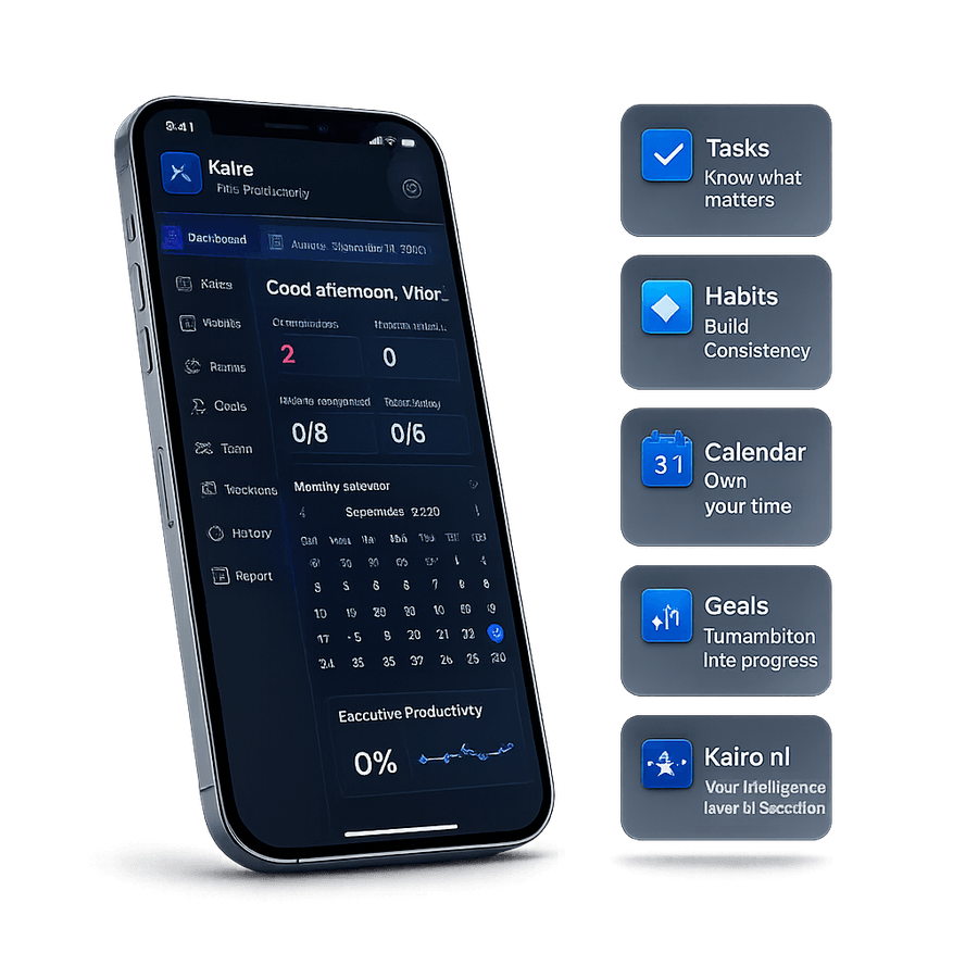 Kairo on iPhone — dashboard with tasks, calendar and productivity