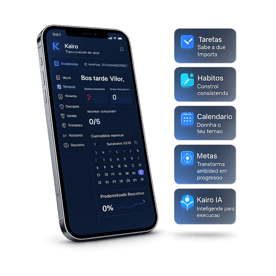 Kairo no iPhone — dashboard com tarefas, calendário e produtividade